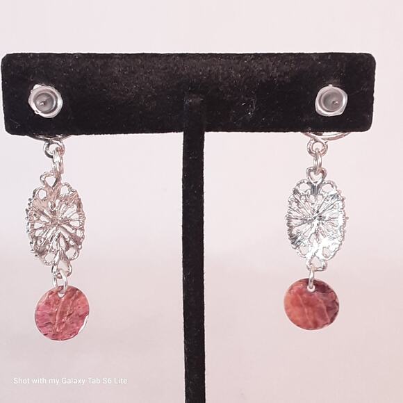 Silver Tone Filagree Dangle Drop Earrings Tiny Pink Stones - Picture 3 of 9